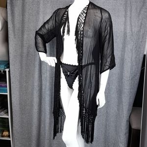 Last one‼️- Ella Moss 3/4 Sleeve Tunic Cover-Up W/Fringe Black🏖🔥🌞👙